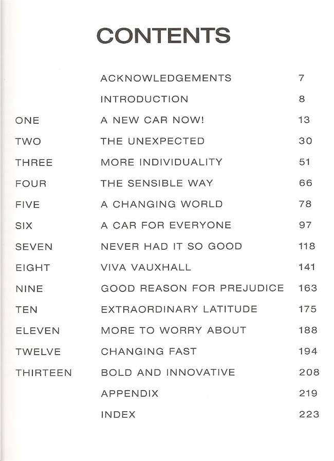 Automotive history book contents page with chapter list and section headings