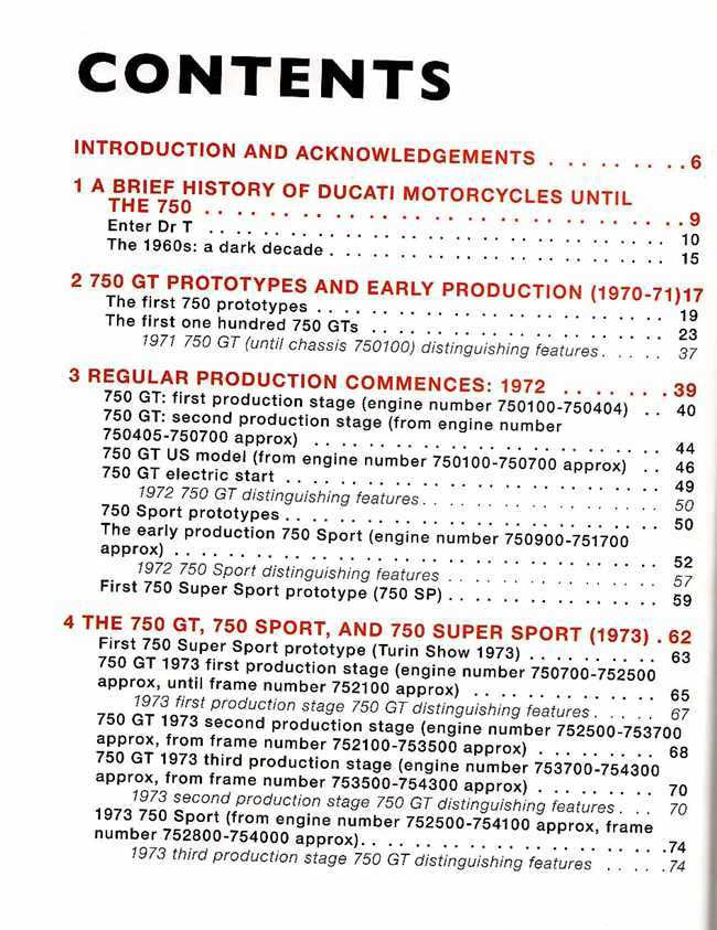 Motorcycle history book contents page with red section headings and page numbers