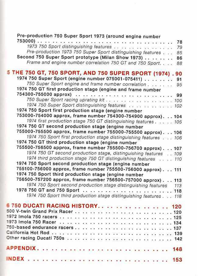 Motorcycle history book index page with section titles and page numbers in red