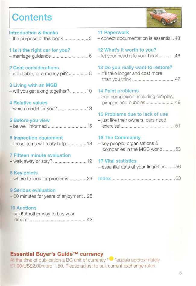 Automotive essential buyer’s guide book contents page with numbered sections