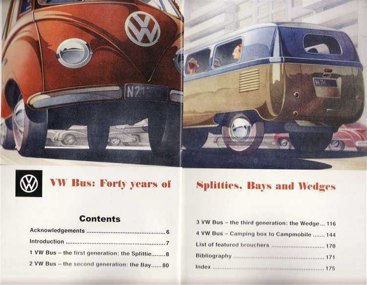 VW Bus 40 Years book contents spread with two VW bus photos and section list