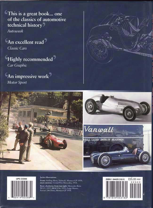 Motorsport book back cover with classic racing car photos and quote text