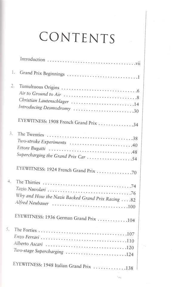 Motorsport book contents page listing chapters and section titles