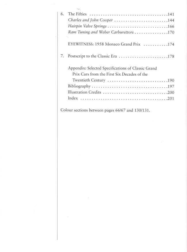 Motorsport book contents page continued with headings and page numbers