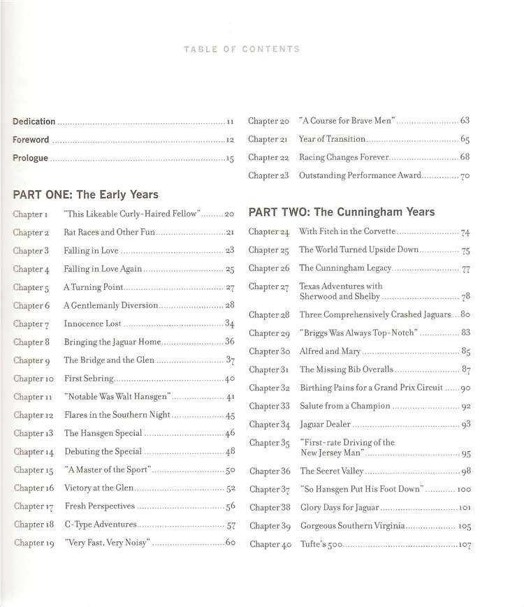 Motorsport history book table of contents, Part One and Part Two listings