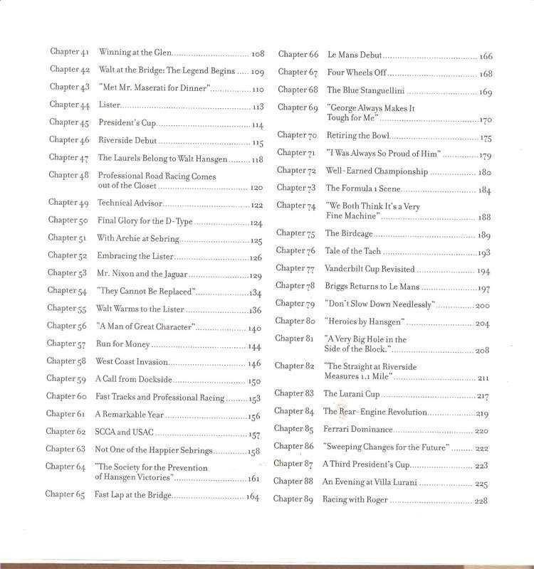 Motorsport history book table of contents, continuation with chapter listings
