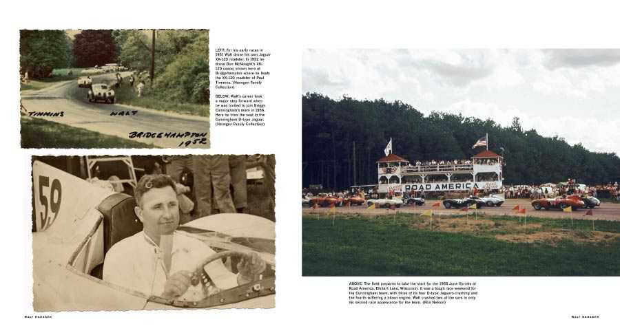 Motorsport history book spread with vintage race photos and event captions