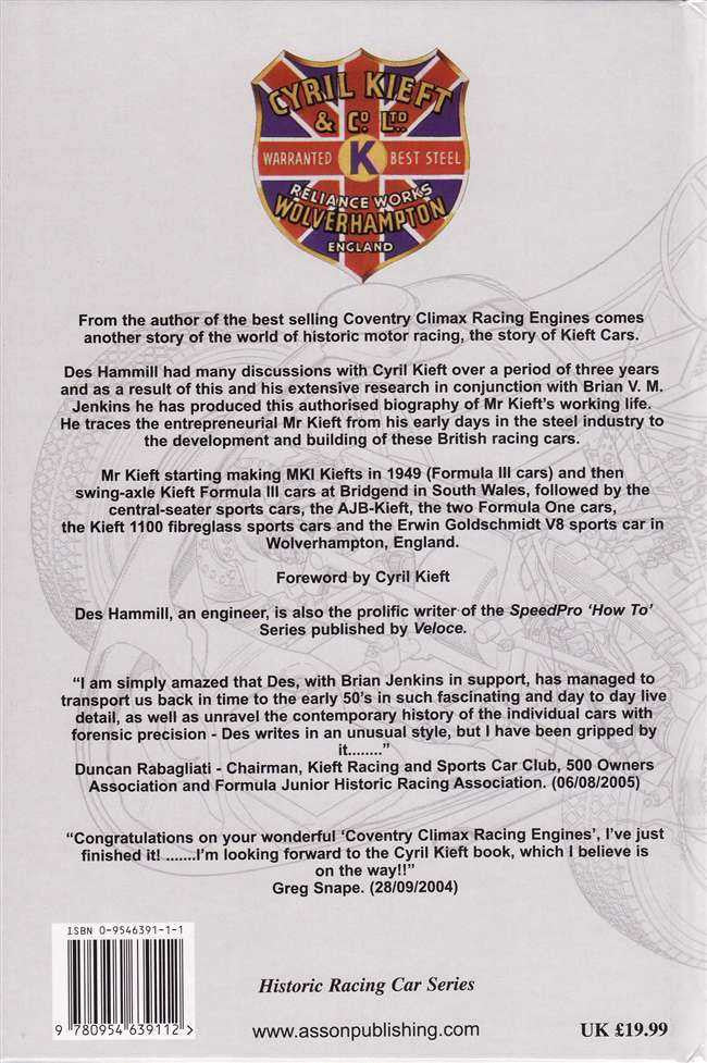 Racing history book, back cover with Cyril Kieft seal and descriptive text