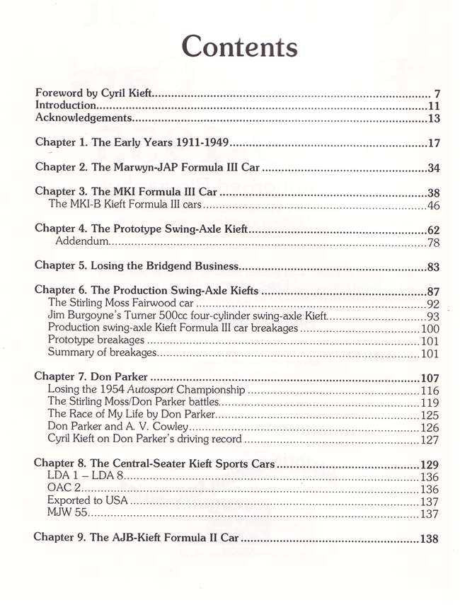 Racing history book, contents page with chapters and pagination