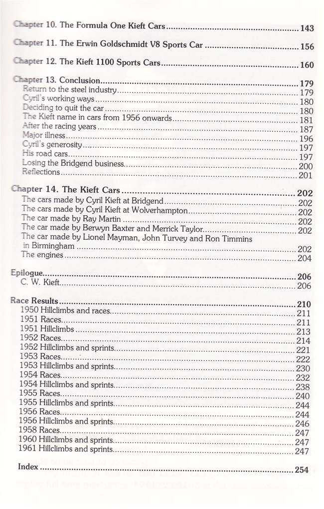 Racing history book, index and chapter list page with dotted section headings