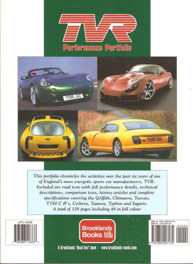 TVR Performance Portfolio 2000-2005 book back cover with four car photos and TVR logo