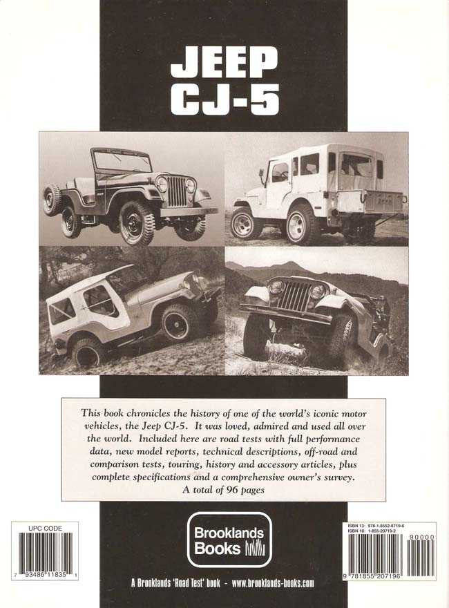 Jeep CJ-5 road test book back cover with photos, description, and barcodes