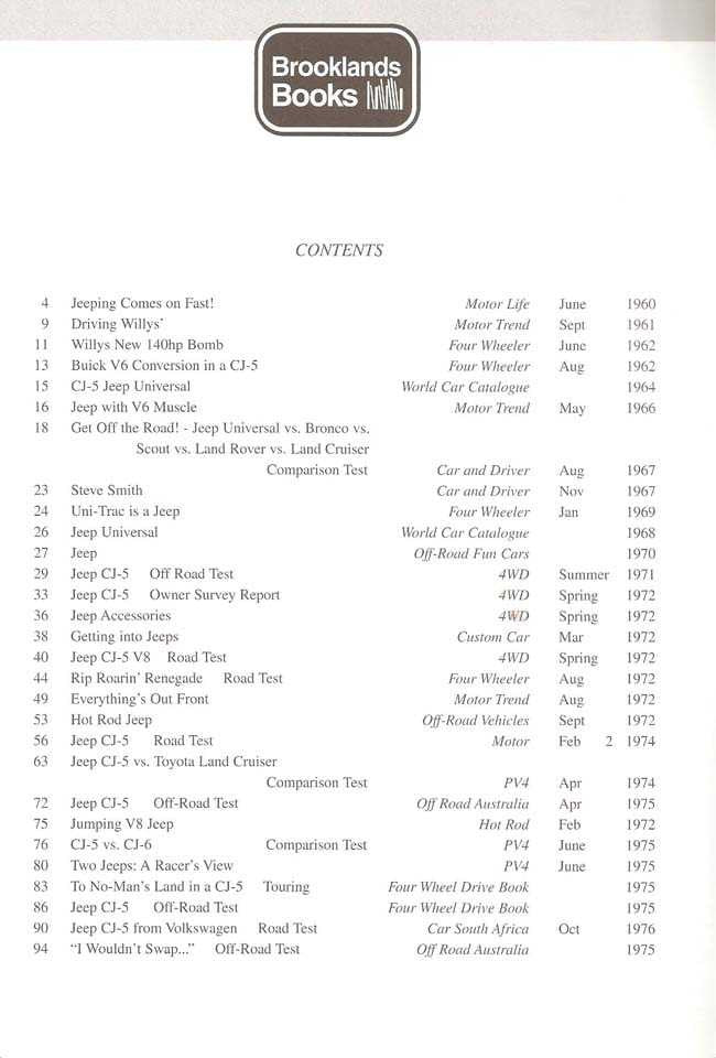Jeep CJ-5 road test book contents page with chapter list