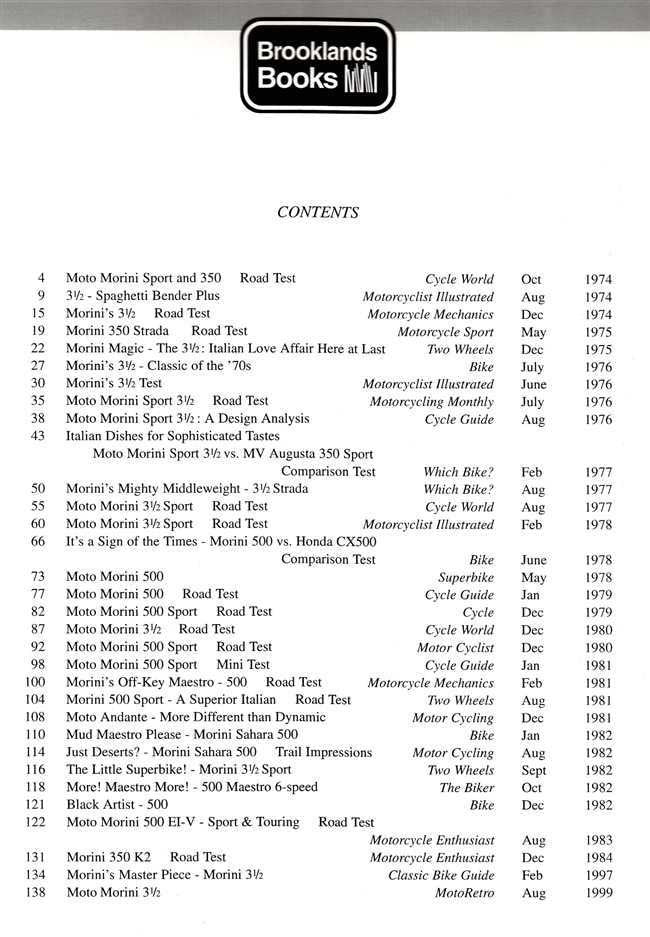 Motorcycle book contents page with headings and dates, black text on white.