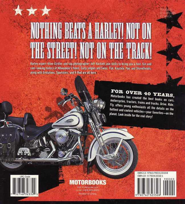 Harley-Davidson book cover with red background, white motorcycle and star graphics