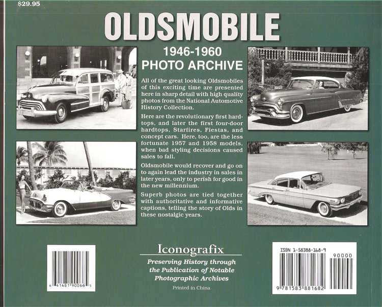Vintage car photo archive book back cover with four classic car photos and text
