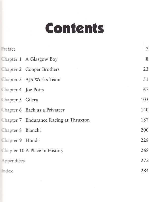 Book contents page with chapter list and page numbers