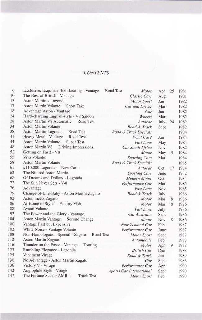 Automotive portfolio book contents page with dated list and table text