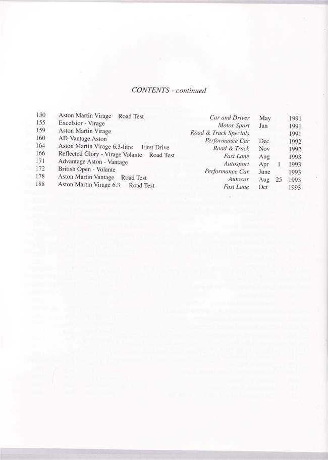 Automotive portfolio book contents page continued with year and test listings