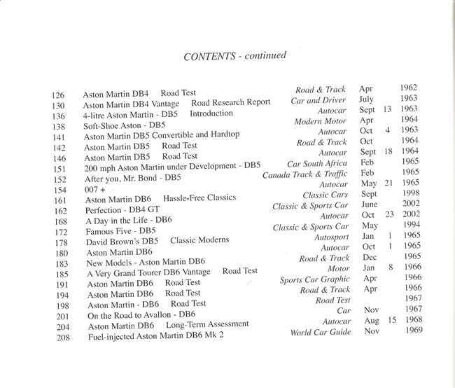 Aston Martin Ultimate Portfolio book, contents page continuation with two-column list