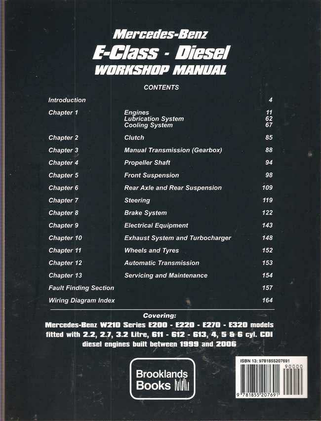 Mercedes-Benz E-Class diesel workshop manual back cover with contents list and ISBN