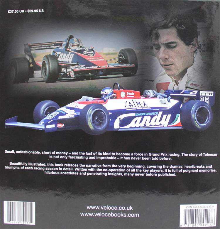Auto racing history book cover with Formula 1 car and driver portrait, title text