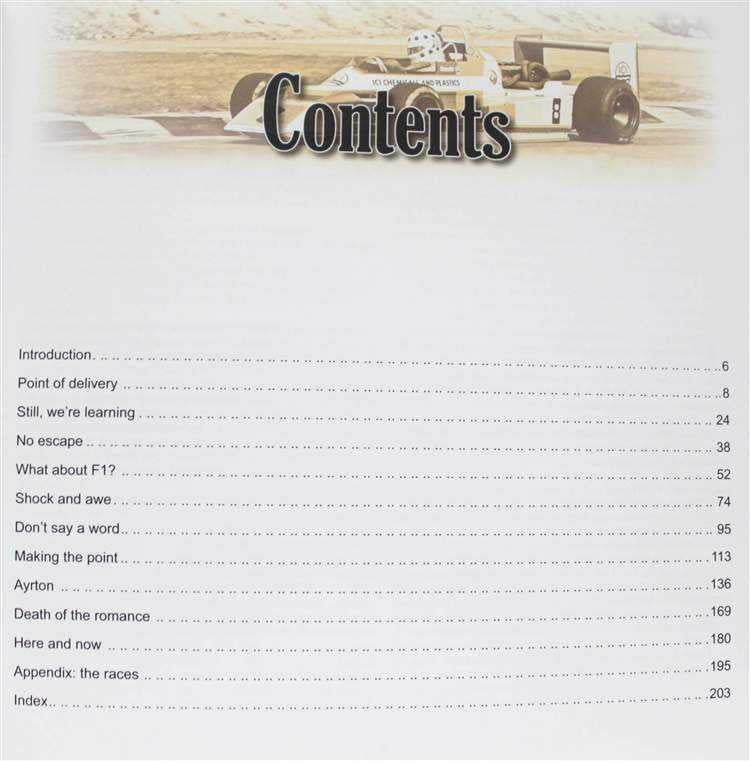 Motorsport book contents page with numbered chapter list and dot leader lines
