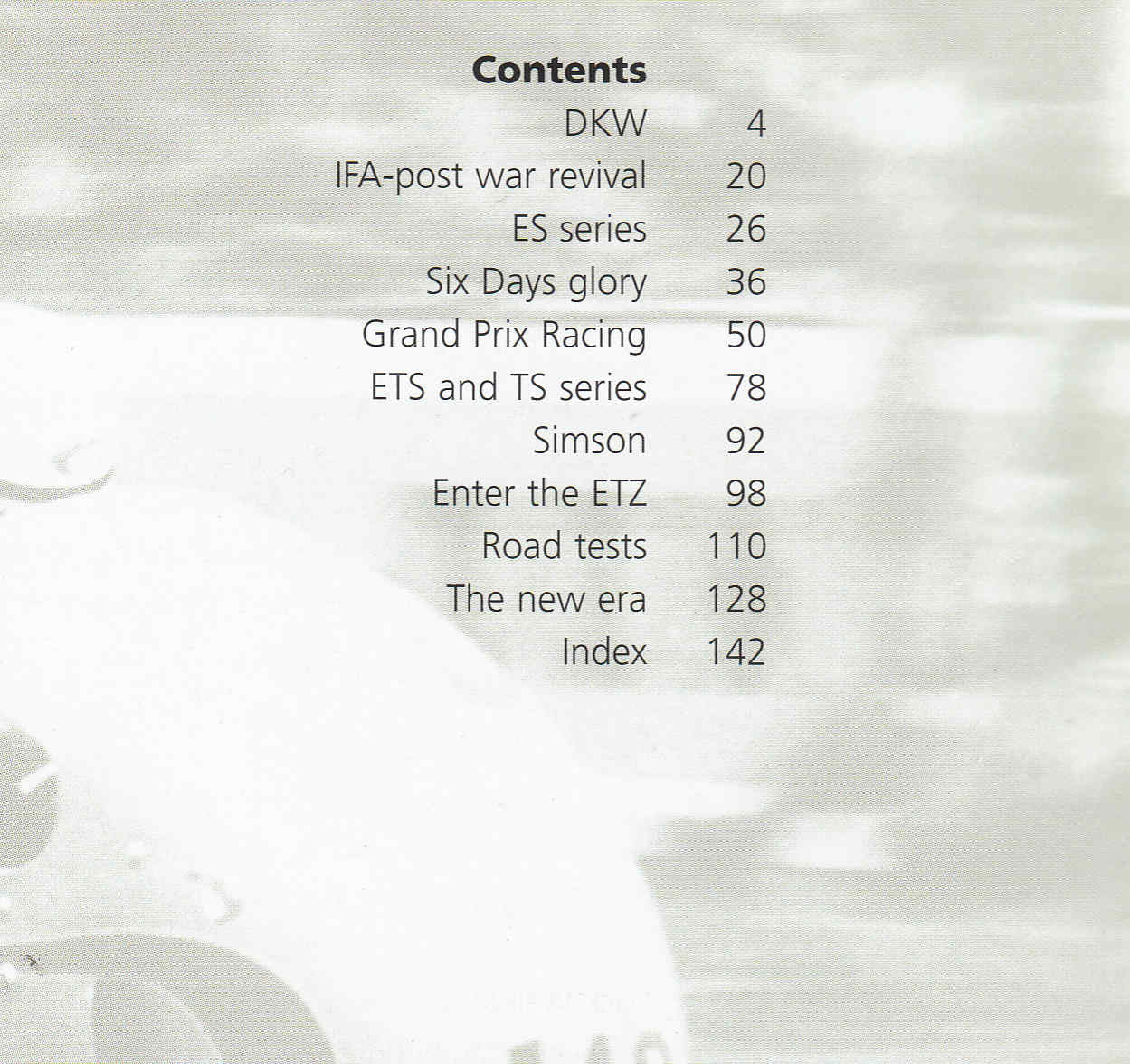 Book contents page with centered list of numbered section titles