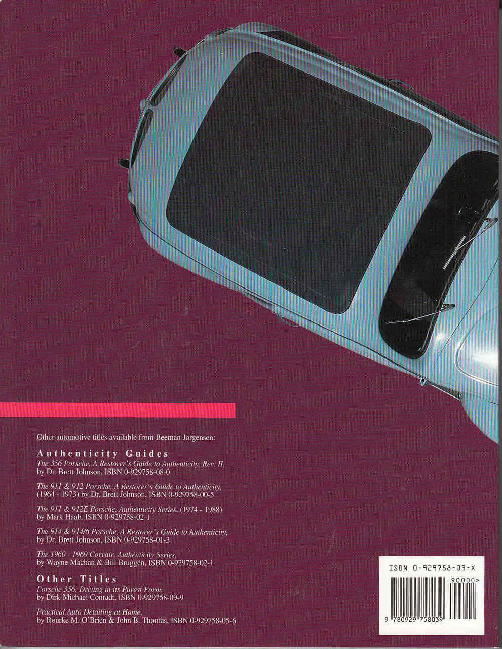 VW Beetle guide book back cover with blue car photo, barcode, and text block