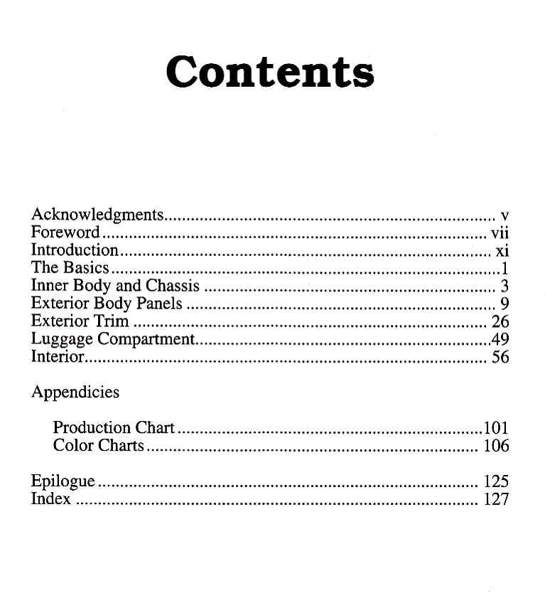 VW Beetle authenticity guide book contents page with section list and page numbers