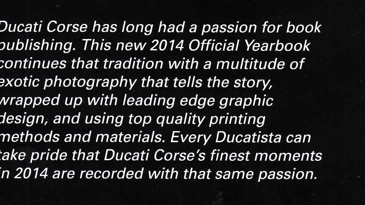 Printed yearbook page with Ducati Corse paragraph text