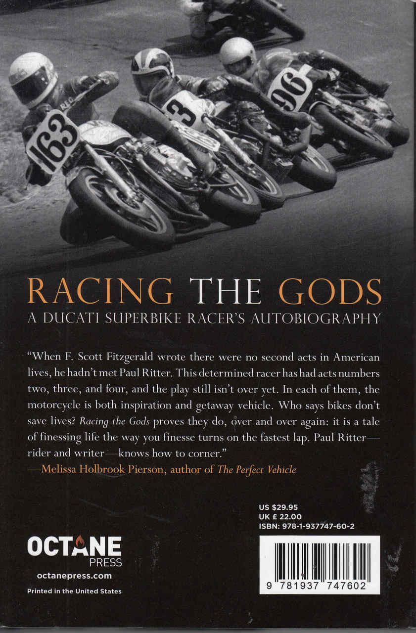 Autobiography book back cover with black motorcycle photo, review text, and ISBN label