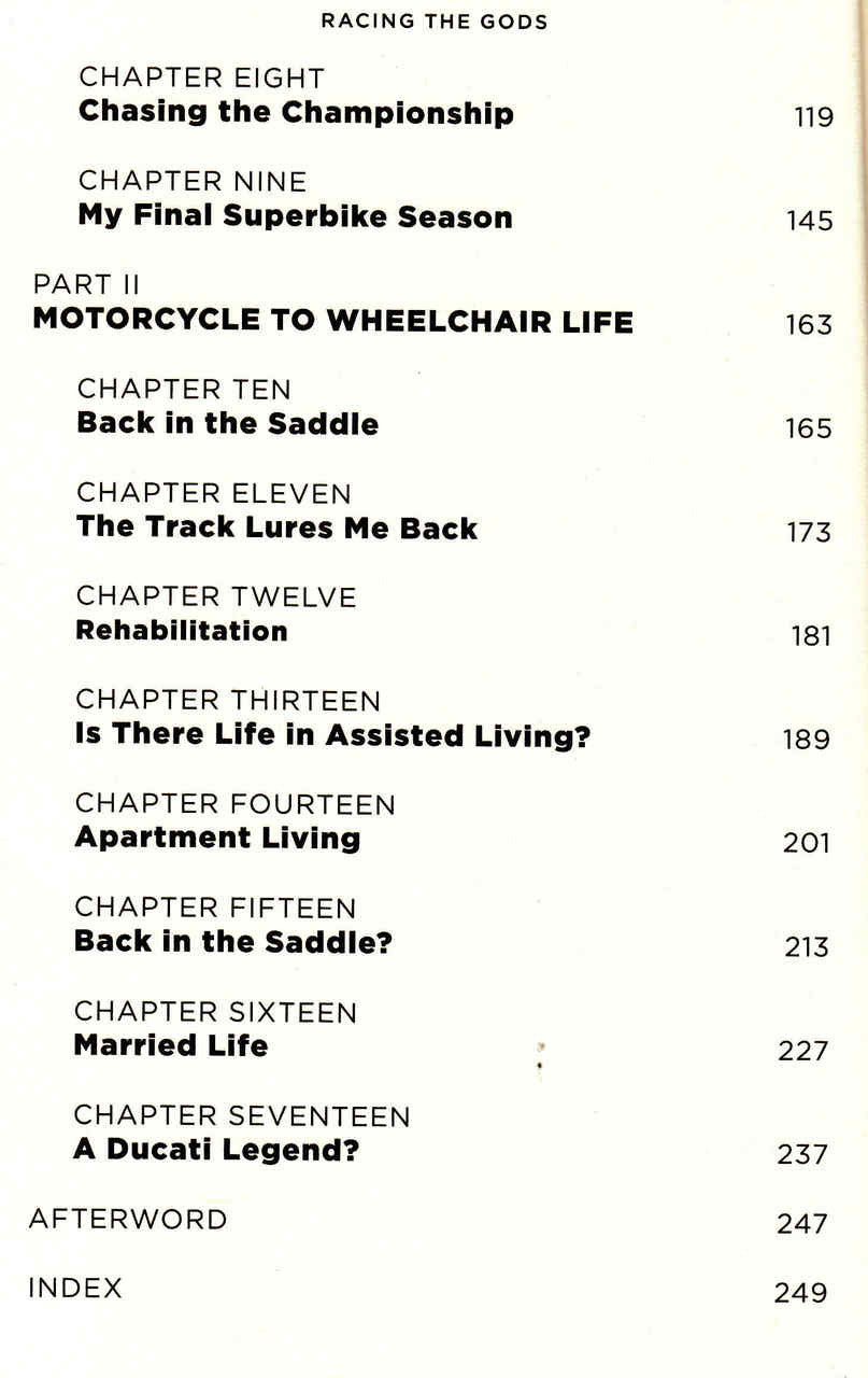 Book page showing chapter list: 'Chasing the Championship', 'My Final Superbike Season'