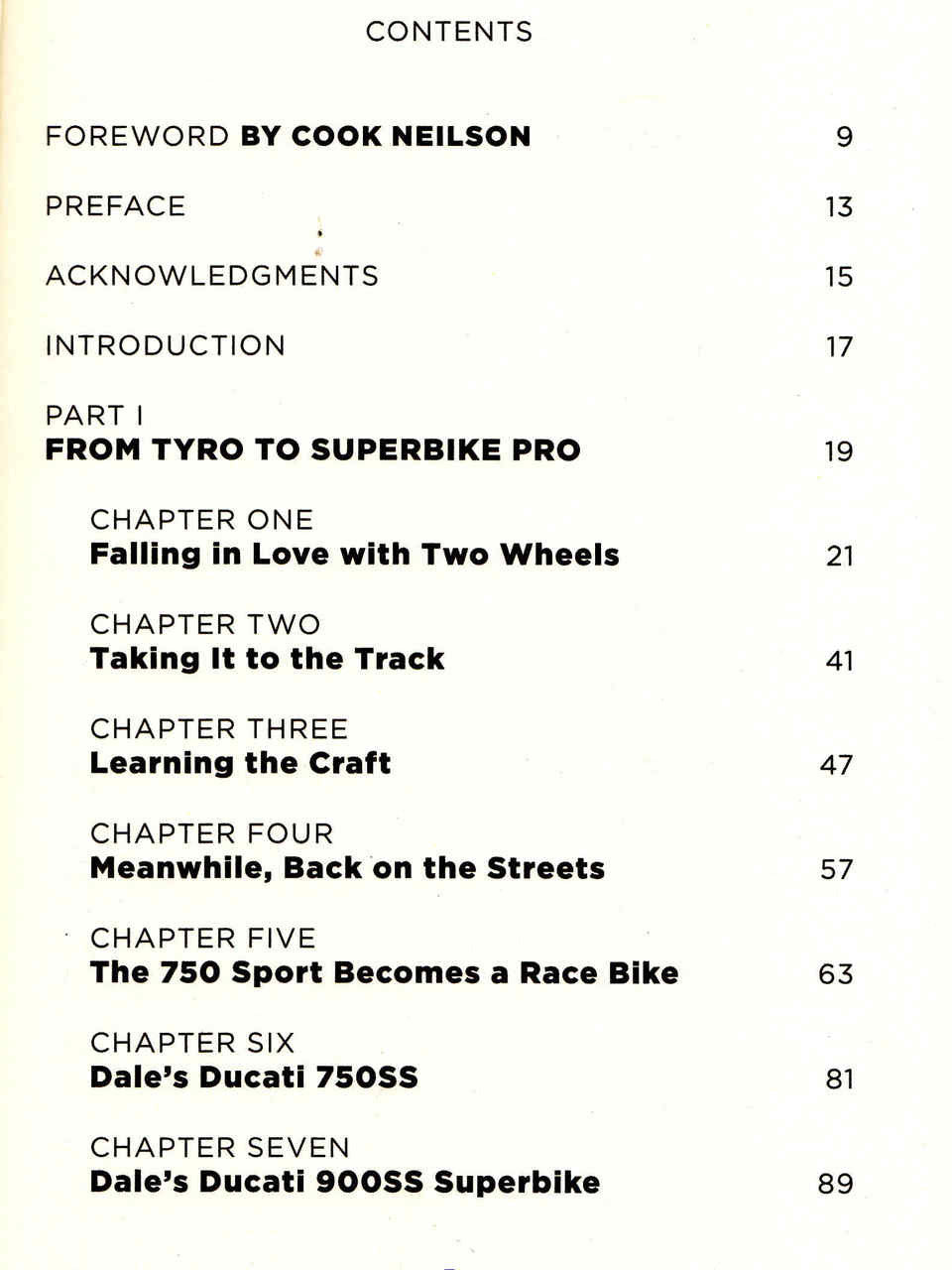 Contents page with sections like 'From Trophy to Superbike Pro' and chapter titles
