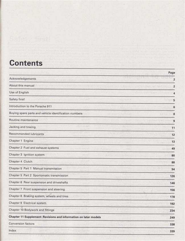 Workshop manual contents page with chapter list and page numbers