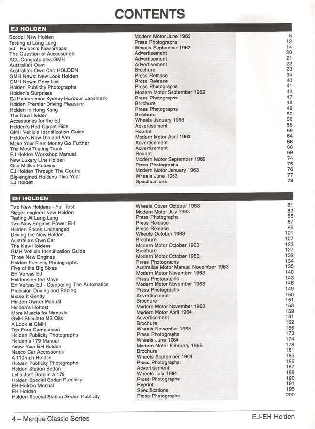Car guidebook contents page for Holden EJ–EH 1962–1965, section list