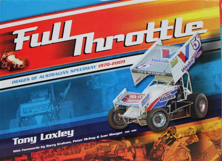 Auto racing book cover with large title, speedway car illustration and date range