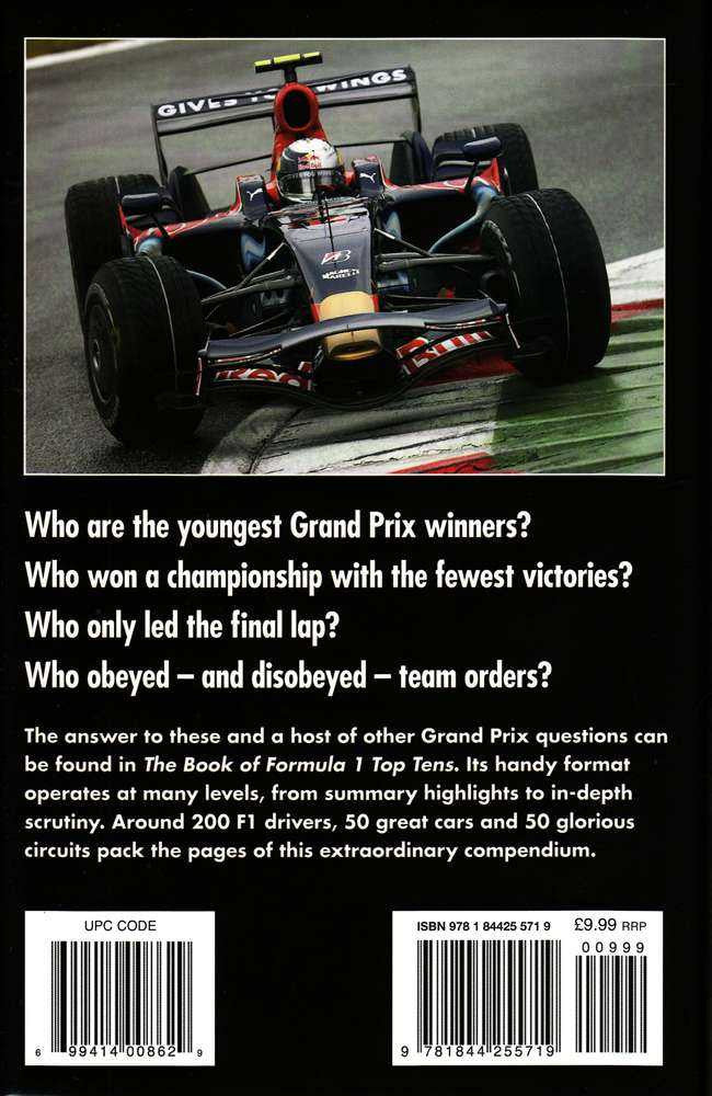 Formula 1 Top Tens book back cover with barcodes and racing questions