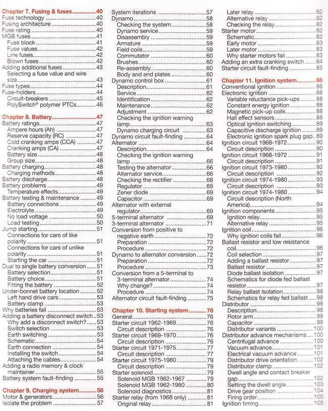 Automotive electrical manual chapter page with numbered topics and wiring-related entries.