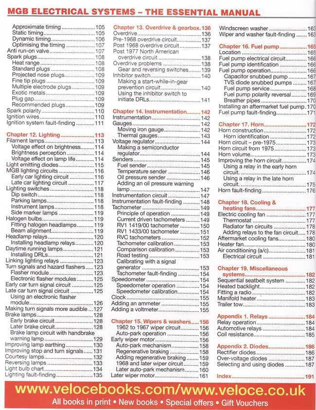 Automotive electrical manual page with index-style chapter listings and page numbers.