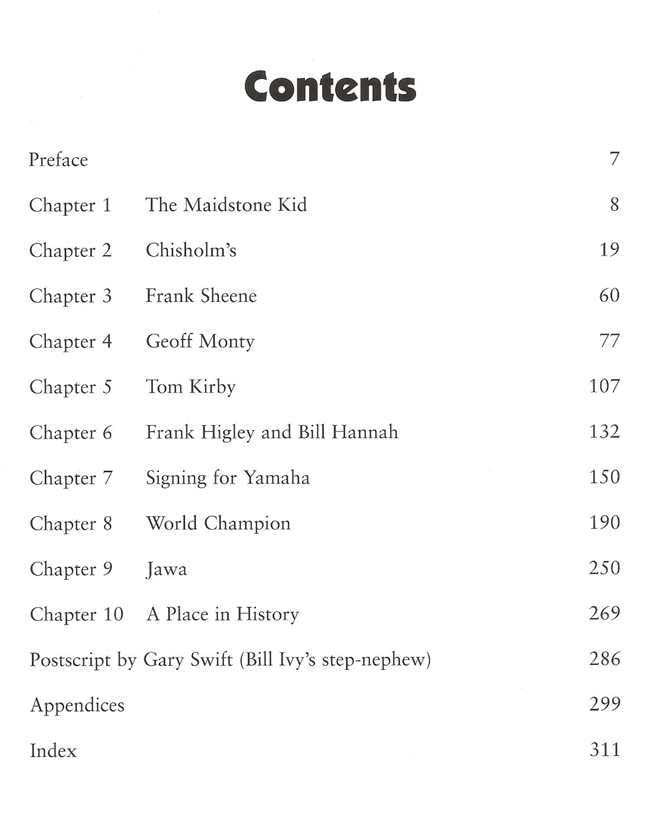 Book contents page listing chapters and page numbers