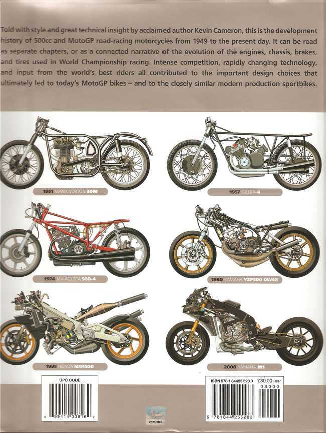 Motorcycle history book page with six illustrated bikes and barcode blocks