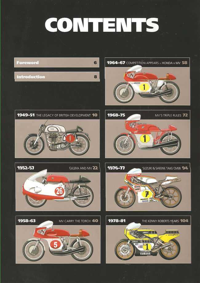 Motorcycle history book contents page with chapter list and numbered bike diagrams