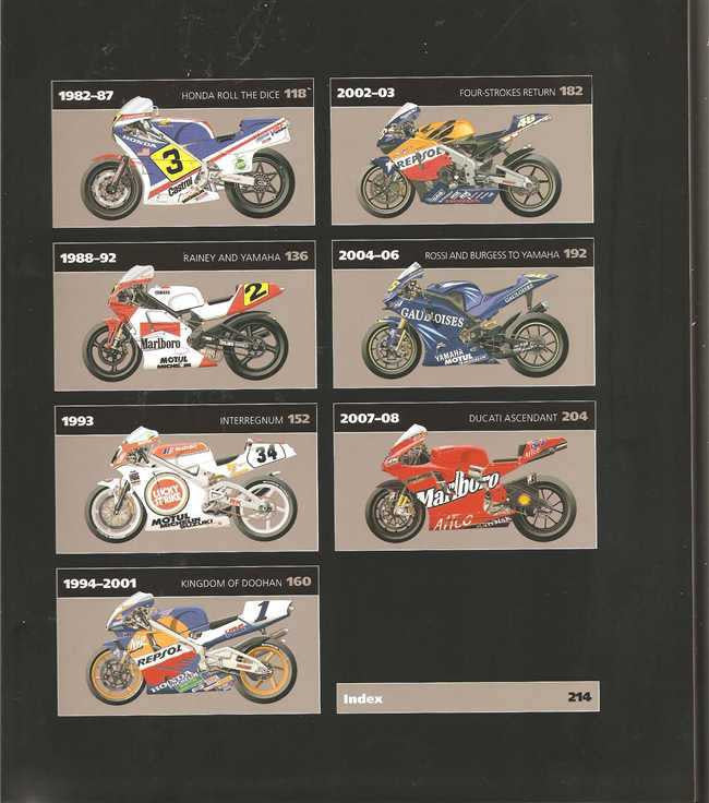Motorcycle racing history book spread with boxed, labeled motorcycle illustrations