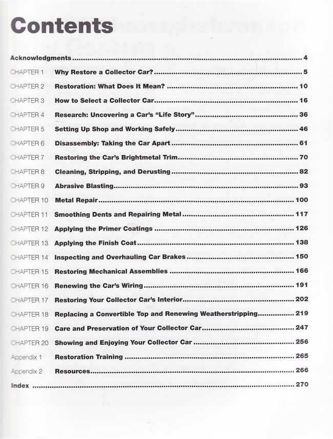 Collector car restoration guide book contents page with chapter list