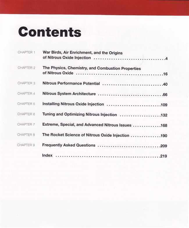 Contents page listing chapters for nitrous oxide injection and optimizing topics
