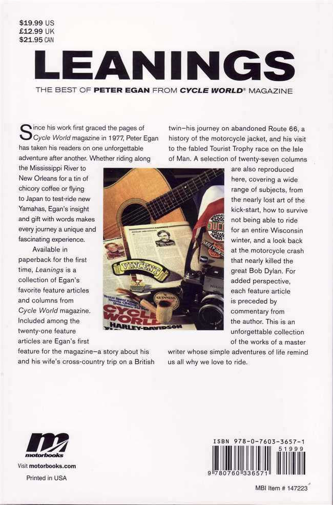 Leanings book back cover with motorcycle photo, small text, and barcode area