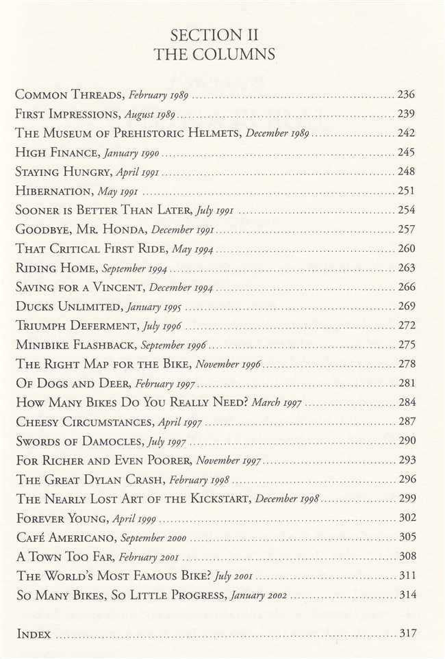 Book table of contents page titled "Section II: The Columns" with numbered entries