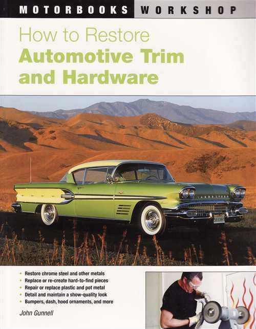 Automotive trim and hardware restoration guide book cover with classic car