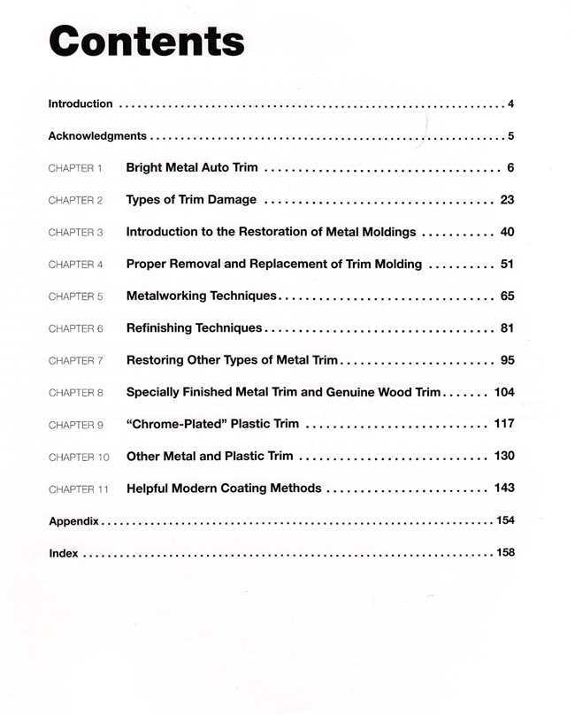 Book contents page listing chapters on metal auto trim and polishing